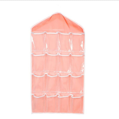 Pink 16 Pocket Hanging Wardrobe Organizer - Clear PE and Polyester Storage Bag with 16 Visible Compartments, Space Saving Over Door or Closet Hanger for Socks Underwear Accessories, Foldable Home Tidy Solution