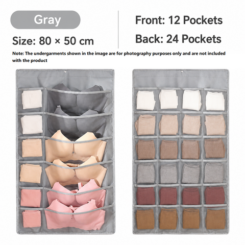 Grey Double-Sided Hanging Underwear Organizer（12 pockets on the front + 24 pockets on the back） - Breathable Non-Woven Mesh Storage Bag with Multiple Pockets for Bras Socks Panties, Washable Closet Space Saving Solution, Odourless and Durable