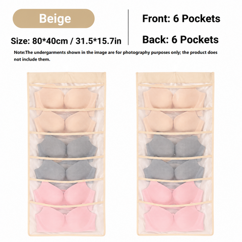 Beige Double-Sided Hanging Underwear Organizer（6 pockets on the front + 6 pockets on the back） - Breathable Non-Woven Mesh Storage Bag with Multiple Pockets for Bras Socks Panties, Washable Closet Space Saving Solution, Odourless and Durable