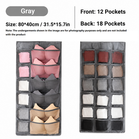 Grey Double-Sided Hanging Underwear Organizer（12 pockets on the front + 18 pockets on the back） - Breathable Non-Woven Mesh Storage Bag with Multiple Pockets for Bras Socks Panties, Washable Closet Space Saving Solution, Odourless and Durable