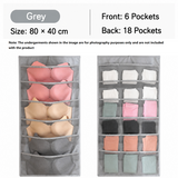 Grey Double-Sided Hanging Underwear Organizer（6 pockets on the front + 18 pockets on the back） - Breathable Non-Woven Mesh Storage Bag with Multiple Pockets for Bras Socks Panties, Washable Closet Space Saving Solution, Odourless and Durable