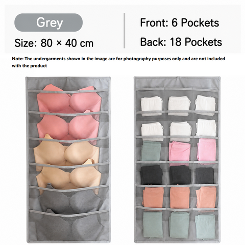 Grey Double-Sided Hanging Underwear Organizer（6 pockets on the front + 18 pockets on the back） - Breathable Non-Woven Mesh Storage Bag with Multiple Pockets for Bras Socks Panties, Washable Closet Space Saving Solution, Odourless and Durable