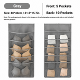 Grey Double-Sided Hanging Underwear Organizer （5 pockets on the front + 10 pockets on the back）- Breathable Non-Woven Mesh Storage Bag with Multiple Pockets for Bras Socks Panties, Washable Closet Space Saving Solution, Odourless and Durable