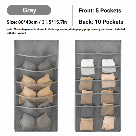 Grey Double-Sided Hanging Underwear Organizer （5 pockets on the front + 10 pockets on the back）- Breathable Non-Woven Mesh Storage Bag with Multiple Pockets for Bras Socks Panties, Washable Closet Space Saving Solution, Odourless and Durable