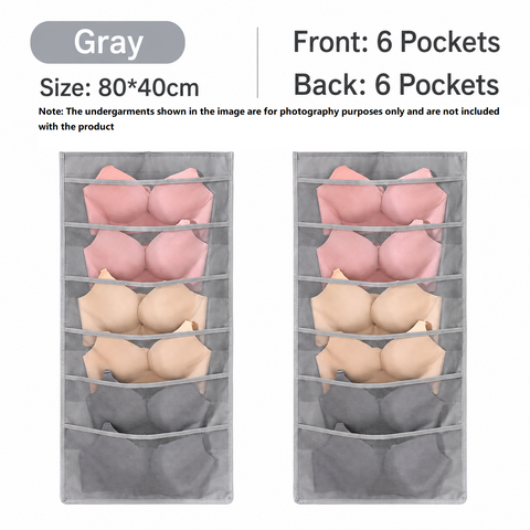 Grey Double-Sided Hanging Underwear Organizer（6 pockets on the front + 6 pockets on the back） - Breathable Non-Woven Mesh Storage Bag with Multiple Pockets for Bras Socks Panties, Washable Closet Space Saving Solution, Odourless and Durable