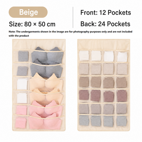 Beige Double-Sided Hanging Underwear Organizer（12 pockets on the front + 24 pockets on the back） - Breathable Non-Woven Mesh Storage Bag with Multiple Pockets for Bras Socks Panties, Washable Closet Space Saving Solution, Odourless and Durable