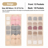 Beige Double-Sided Hanging Underwear Organizer（12 pockets on the front + 18 pockets on the back） - Breathable Non-Woven Mesh Storage Bag with Multiple Pockets for Bras Socks Panties, Washable Closet Space Saving Solution, Odourless and Durable