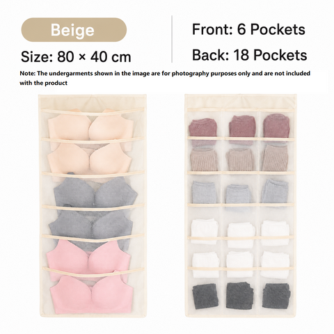 Beige Double-Sided Hanging Underwear Organizer（6 pockets on the front + 18 pockets on the back） - Breathable Non-Woven Mesh Storage Bag with Multiple Pockets for Bras Socks Panties, Washable Closet Space Saving Solution, Odourless and Durable