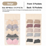 Beige Double-Sided Hanging Underwear Organizer （5 pockets on the front + 10 pockets on the back）- Breathable Non-Woven Mesh Storage Bag with Multiple Pockets for Bras Socks Panties, Washable Closet Space Saving Solution, Odourless and Durable
