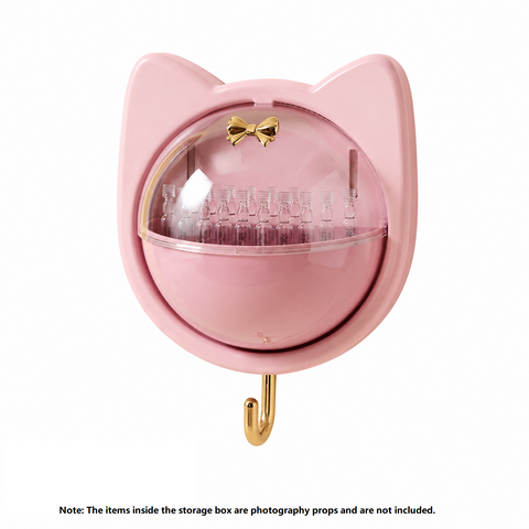 Pink Cat-shaped design Wall Mount Storage Box - Dustproof Transparent Lid with Internal Dividers and Bottom Hook, PP PET ABS Adhesive Organizer for Bathroom Vanity, Space Saving Skincare and Cotton Bud Holder In Australia - Darrahopens