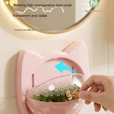 Green Cat-shaped design Wall Mount Storage Box - Dustproof Transparent Lid with Internal Dividers and Bottom Hook, PP PET ABS Adhesive Organizer for Bathroom Vanity, Space Saving Skincare and Cotton Bud Holder