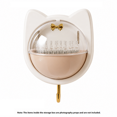 Beige Cat-shaped design Wall Mount Storage Box - Dustproof Transparent Lid with Internal Dividers and Bottom Hook, PP PET ABS Adhesive Organizer for Bathroom Vanity, Space Saving Skincare and Cotton Bud Holder In Australia - Darrahopens