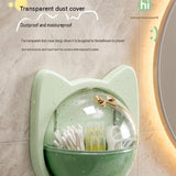 Beige Cat-shaped design Wall Mount Storage Box - Dustproof Transparent Lid with Internal Dividers and Bottom Hook, PP PET ABS Adhesive Organizer for Bathroom Vanity, Space Saving Skincare and Cotton Bud Holder
