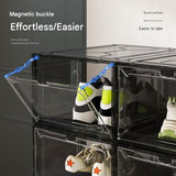 4 transparent black ones Stackable Magnetic Shoe Storage Box - Transparent PS Plastic - Front Opening Door, Dustproof Display, Space Saving Modular Design for Sneakers and Home Organisation