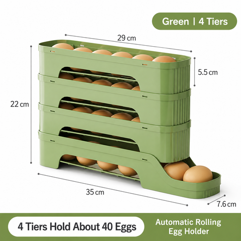 4-Tier Green Rolling Egg Storage Box -  Grade PP Plastic - Automatic Dispensing, Space Saving Fridge Organizer, Detachable Design for Kitchen and Refrigerator Door In Australia - Darrahopens
