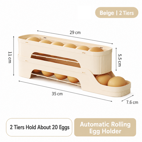 2-Tier Beige Rolling Egg Storage Box -  Grade PP Plastic - Automatic Dispensing, Space Saving Fridge Organizer, Detachable Design for Kitchen and Refrigerator Door In Australia - Darrahopens