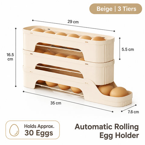 3-Tier Beige Rolling Egg Storage Box -  Grade PP Plastic - Automatic Dispensing, Space Saving Fridge Organizer, Detachable Design for Kitchen and Refrigerator Door In Australia - Darrahopens