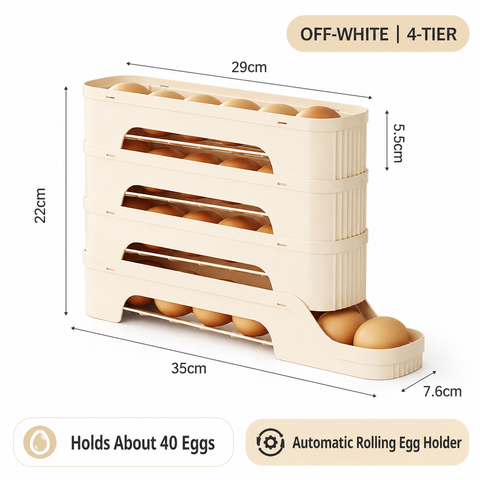 4-Tier Beige Rolling Egg Storage Box -  Grade PP Plastic - Automatic Dispensing, Space Saving Fridge Organizer, Detachable Design for Kitchen and Refrigerator Door In Australia - Darrahopens