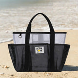 Black-White Large Capacity Mesh Beach Tote Bag - Breathable Polyester Swim Bag with Multi-Pocket Storage, Quick-Dry Design for Travel, Gym, and Poolside Use