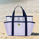 Purple-White Large Capacity Mesh Beach Tote Bag - Breathable Polyester Swim Bag with Multi-Pocket Storage, Quick-Dry Design for Travel, Gym, and Poolside Use
