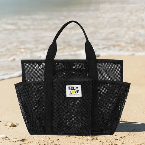 Black Large Capacity Mesh Beach Tote Bag - Breathable Polyester Swim Bag with Multi-Pocket Storage, Quick-Dry Design for Travel, Gym, and Poolside Use In Australia - Darrahopens