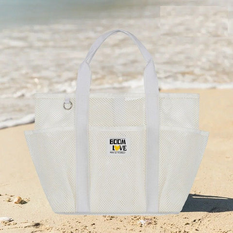 White Large Capacity Mesh Beach Tote Bag - Breathable Polyester Swim Bag with Multi-Pocket Storage, Quick-Dry Design for Travel, Gym, and Poolside Use In Australia - Darrahopens