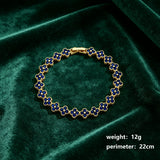 Gold and Blue Four-Leaf Clover Zircon Bracelet - Gold-Tone Alloy Lucky Charm Wristband with Full Crystal Pave, 22cm Elegant Fashion Jewellery for Women