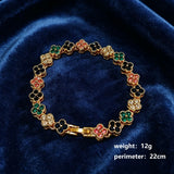 Gold and Color Four-Leaf Clover Zircon Bracelet - Gold-Tone Alloy Lucky Charm Wristband with Full Crystal Pave, 22cm Elegant Fashion Jewellery for Women