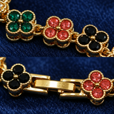 Gold and Color Four-Leaf Clover Zircon Bracelet - Gold-Tone Alloy Lucky Charm Wristband with Full Crystal Pave, 22cm Elegant Fashion Jewellery for Women