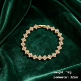 Gold and White Four-Leaf Clover Zircon Bracelet - Gold-Tone Alloy Lucky Charm Wristband with Full Crystal Pave, 22cm Elegant Fashion Jewellery for Women