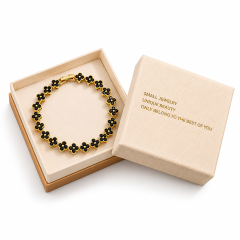 Gold and Black Four-Leaf Clover Zircon Bracelet - Gold-Tone Alloy Lucky Charm Wristband with Full Crystal Pave, 22cm Elegant Fashion Jewellery for Women
