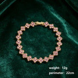 Gold and Pink Four-Leaf Clover Zircon Bracelet - Gold-Tone Alloy Lucky Charm Wristband with Full Crystal Pave, 22cm Elegant Fashion Jewellery for Women