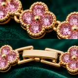Gold and Pink Four-Leaf Clover Zircon Bracelet - Gold-Tone Alloy Lucky Charm Wristband with Full Crystal Pave, 22cm Elegant Fashion Jewellery for Women