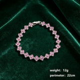 Silver and Pink Four-Leaf Clover Zircon Bracelet - Gold-Tone Alloy Lucky Charm Wristband with Full Crystal Pave, 22cm Elegant Fashion Jewellery for Women