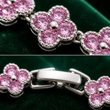Silver and Pink Four-Leaf Clover Zircon Bracelet - Gold-Tone Alloy Lucky Charm Wristband with Full Crystal Pave, 22cm Elegant Fashion Jewellery for Women