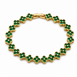 Gold and Green Four-Leaf Clover Zircon Bracelet - Gold-Tone Alloy Lucky Charm Wristband with Full Crystal Pave, 22cm Elegant Fashion Jewellery for Women