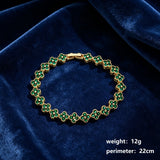 Gold and Green Four-Leaf Clover Zircon Bracelet - Gold-Tone Alloy Lucky Charm Wristband with Full Crystal Pave, 22cm Elegant Fashion Jewellery for Women