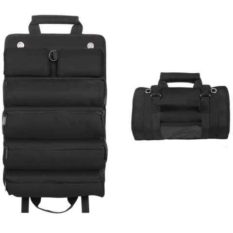 Black Roll-Up Tool Organizer Bag - 1200D Oxford Fabric Waterproof Hardware Storage with Detachable Pockets and Car Seat Hanging Straps - Portable Electrician and Carpenter Work Kit