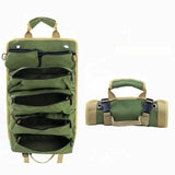 Green Roll-Up Tool Organizer Bag - 1200D Oxford Fabric Waterproof Hardware Storage with Detachable Pockets and Car Seat Hanging Straps - Portable Electrician and Carpenter Work Kit