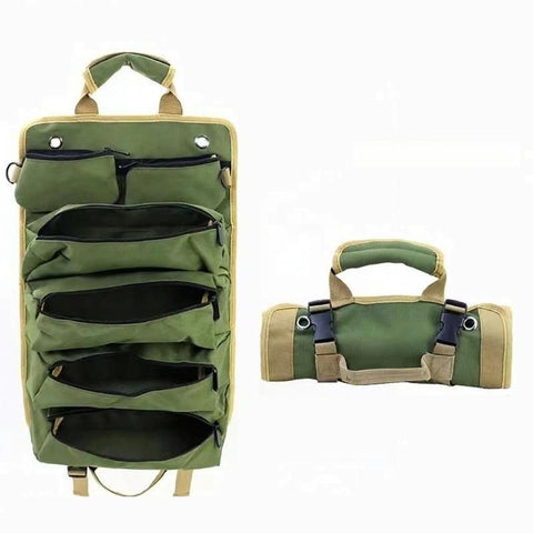 Green Roll-Up Tool Organizer Bag - 1200D Oxford Fabric Waterproof Hardware Storage with Detachable Pockets and Car Seat Hanging Straps - Portable Electrician and Carpenter Work Kit