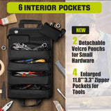 Green Roll-Up Tool Organizer Bag - 1200D Oxford Fabric Waterproof Hardware Storage with Detachable Pockets and Car Seat Hanging Straps - Portable Electrician and Carpenter Work Kit