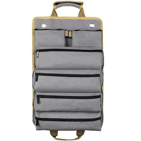 Grey Roll-Up Tool Organizer Bag - 1200D Oxford Fabric Waterproof Hardware Storage with Detachable Pockets and Car Seat Hanging Straps - Portable Electrician and Carpenter Work Kit