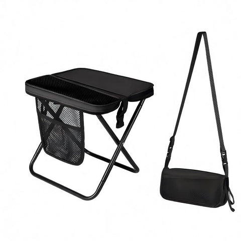 Black Portable foldable stool with a crossbody strap - High Carbon Steel Frame and Oxford Fabric Outdoor Camping Chair with Mesh Storage Pocket - Lightweight Travel Seat for Hiking Fishing and Festivals
