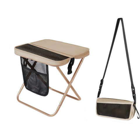 Beige Portable foldable stool with a crossbody strap - High Carbon Steel Frame and Oxford Fabric Outdoor Camping Chair with Mesh Storage Pocket - Lightweight Travel Seat for Hiking Fishing and Festivals In Australia - Darrahopens