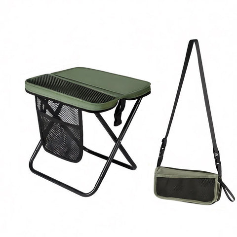 Green Portable foldable stool with a crossbody strap - High Carbon Steel Frame and Oxford Fabric Outdoor Camping Chair with Mesh Storage Pocket - Lightweight Travel Seat for Hiking Fishing and Festivals In Australia - Darrahopens