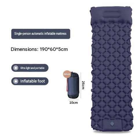 Navy blue Single Outdoor Foot Pump Inflatable Sleeping Pad （190 x 60 x 5 cm ）- 40D Nylon Camping Air Mattress with Built-in Pillow and Double Valve - Portable Moisture Proof Mat for Hiking Backpacking In Australia - Darrahopens