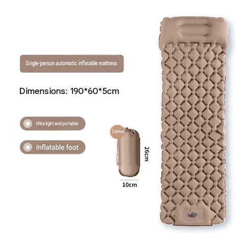 Khaki Single Outdoor Foot Pump Inflatable Sleeping Pad （190 x 60 x 5 cm ）- 40D Nylon Camping Air Mattress with Built-in Pillow and Double Valve - Portable Moisture Proof Mat for Hiking Backpacking In Australia - Darrahopens