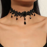 Black Gothic Lace Choker Necklace - Crystal Teardrop Pendant and Adjustable Chain - Elegant Statement Jewelry for Women's Evening Wear, Halloween Costumes & Romantic Dates