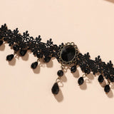 Black Gothic Lace Choker Necklace - Crystal Teardrop Pendant and Adjustable Chain - Elegant Statement Jewelry for Women's Evening Wear, Halloween Costumes & Romantic Dates