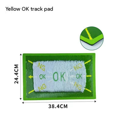 Yellow trajectory line and printed "OK"Golf Swing Training Mat- Sequin Track Detection - Portable Plastic and Rubber Practice Pad for Indoor and Outdoor Use, Anti-Slip Base 24.4x38.4cm